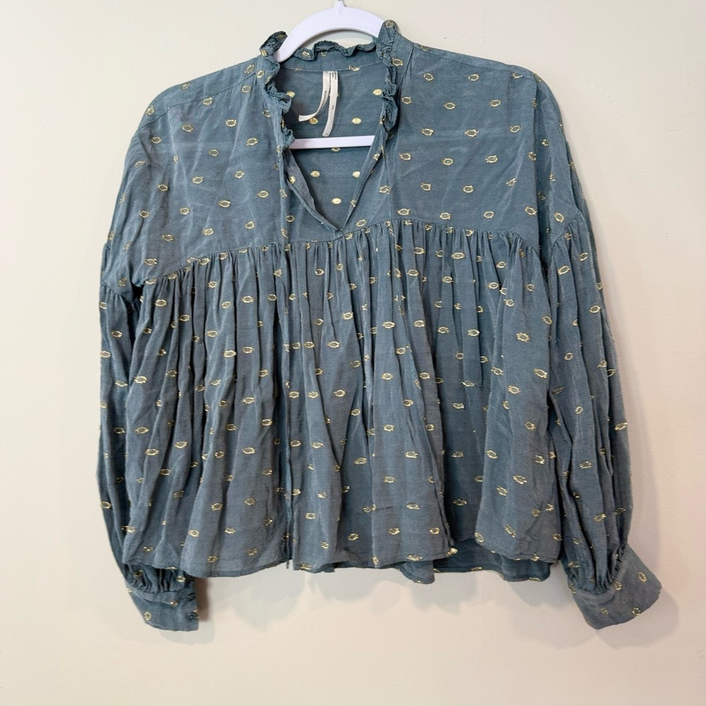 Anthropologie Ruffled Peasant Blouse Gold and Slate Blue Blouse Size XXS - Picture 4 of 11